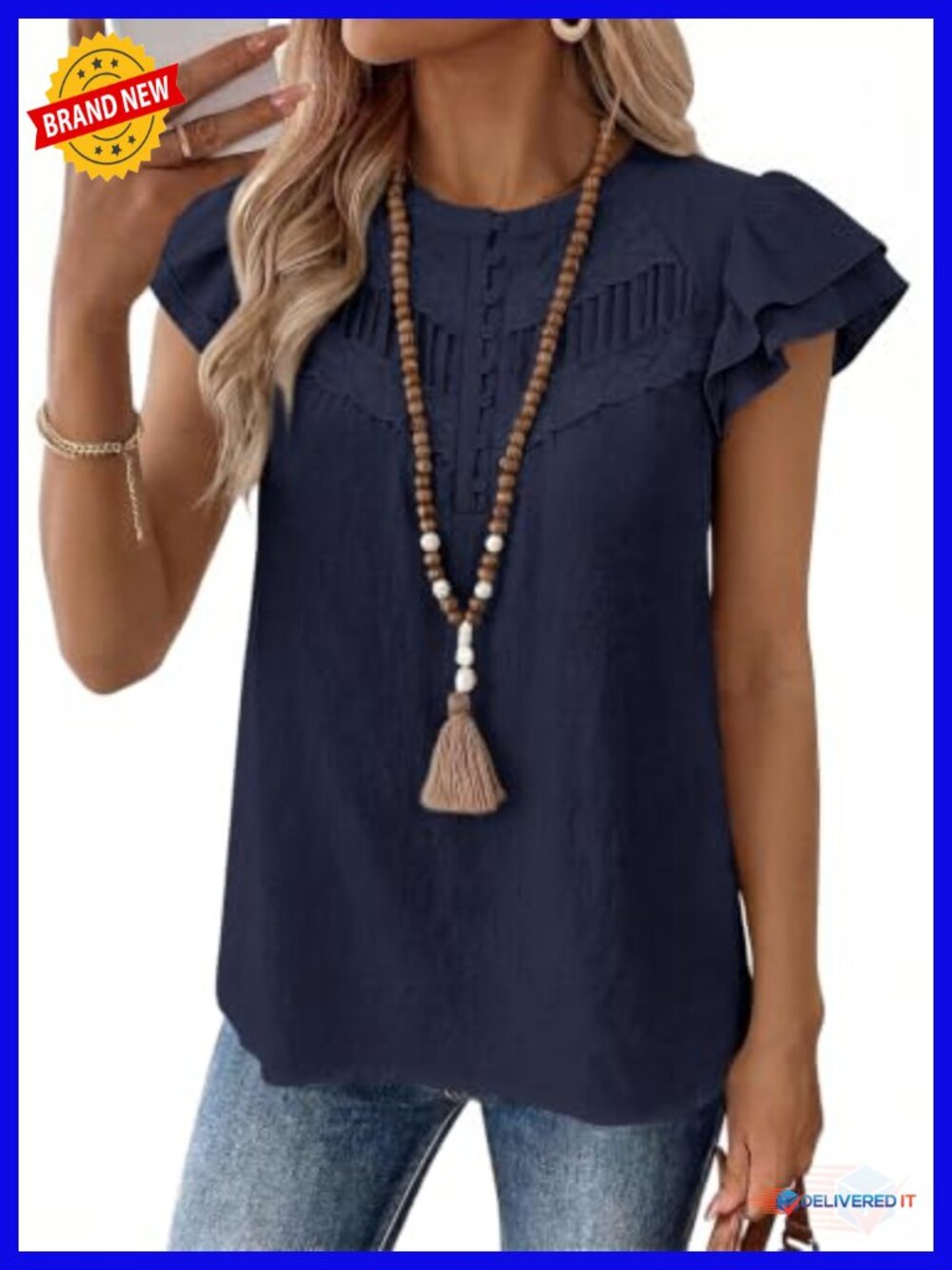 Boho Lace Blouse with Ruffle Cap Sleeves Henley Neck Summer Top Women